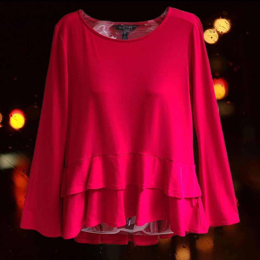 Ellen Tracy Womens Top Blouse Tunic Long Sleeves Ruffled hem Bright Red Size S